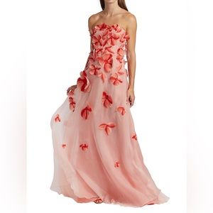 Lela Rose Strapless Flower Embellished Gown Silk Maxi pink dress